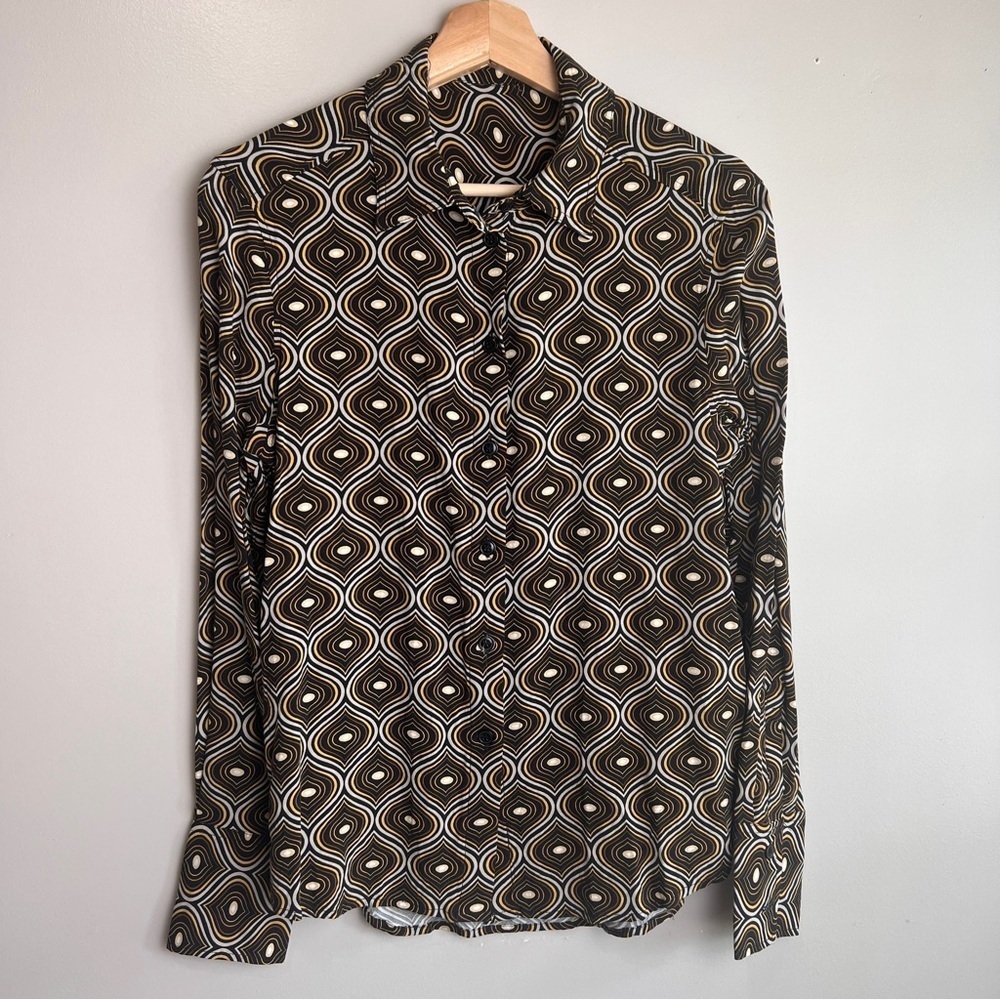 Zara Retro Geometric Print Long Sleeve Button-Up Shirt Women’s 18.5” ptp